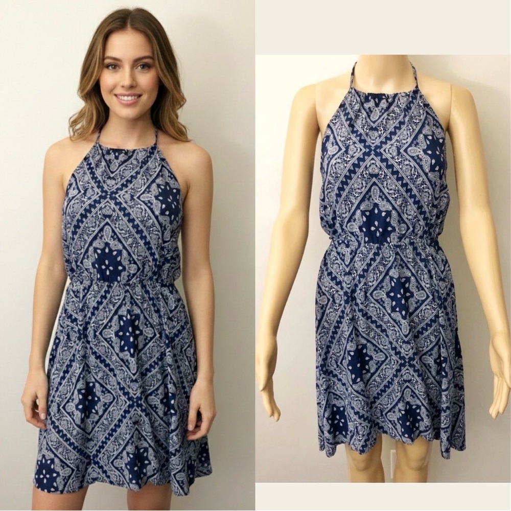 Vintage Halter Sexy Blue Floral Pattern Artsy High Low Mini Dress. Small-Medium